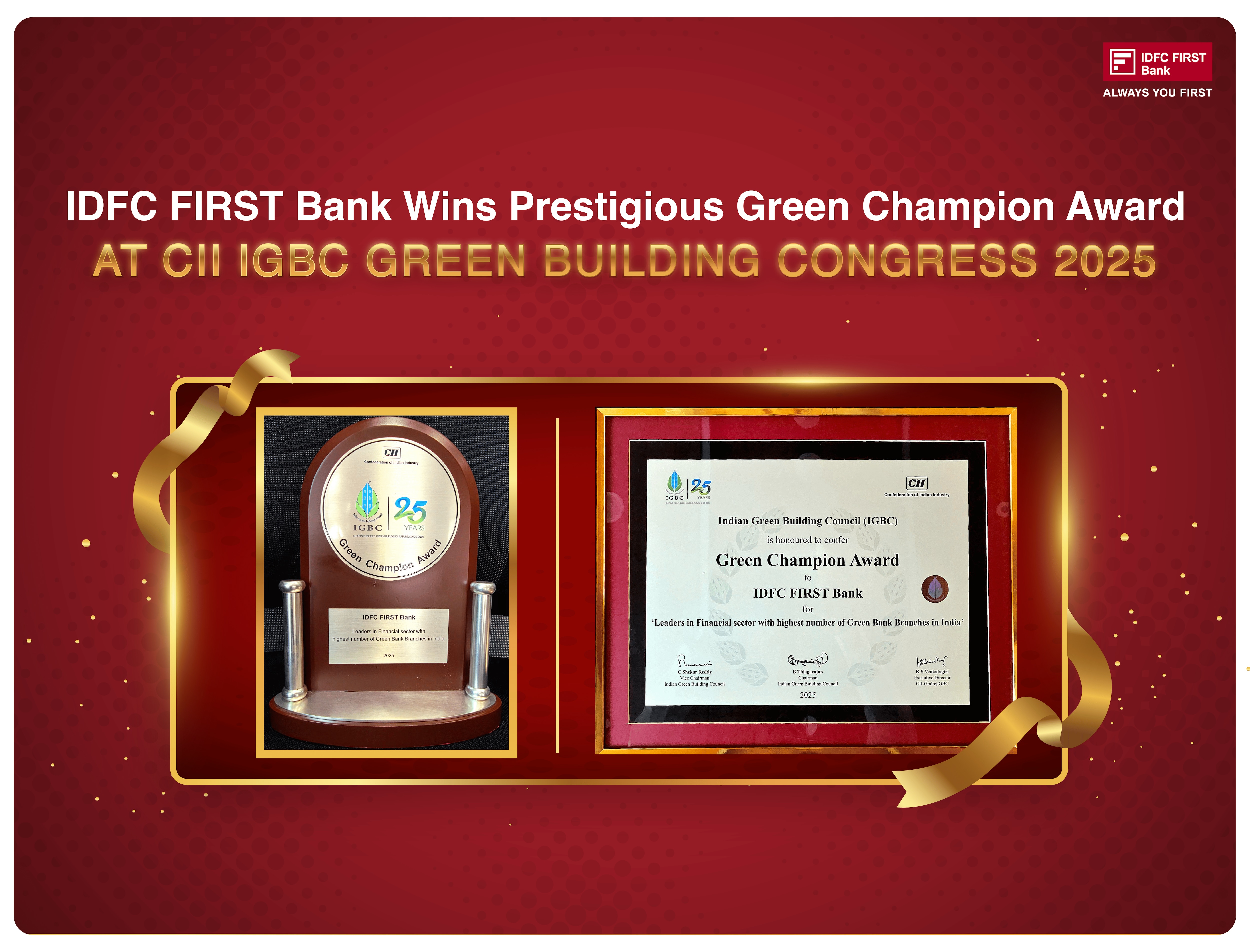 IDFC FIRST Bank Wins Prestigious Green Champion Award AT CIl IGBC GREEN BUILDING CONGRESS 2025
