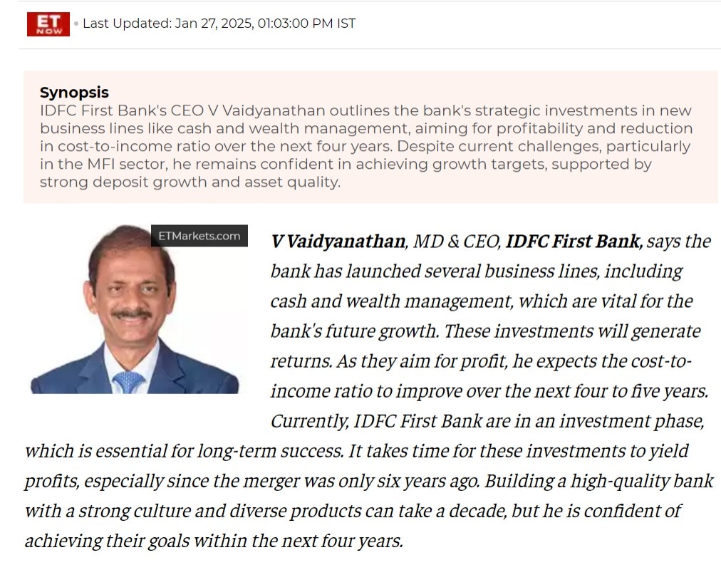 Excluding MFI, want good asset quality along with 20% growth for rest of the book: V Vaidyanathan, IDFC First Bank – ETMarkets.com